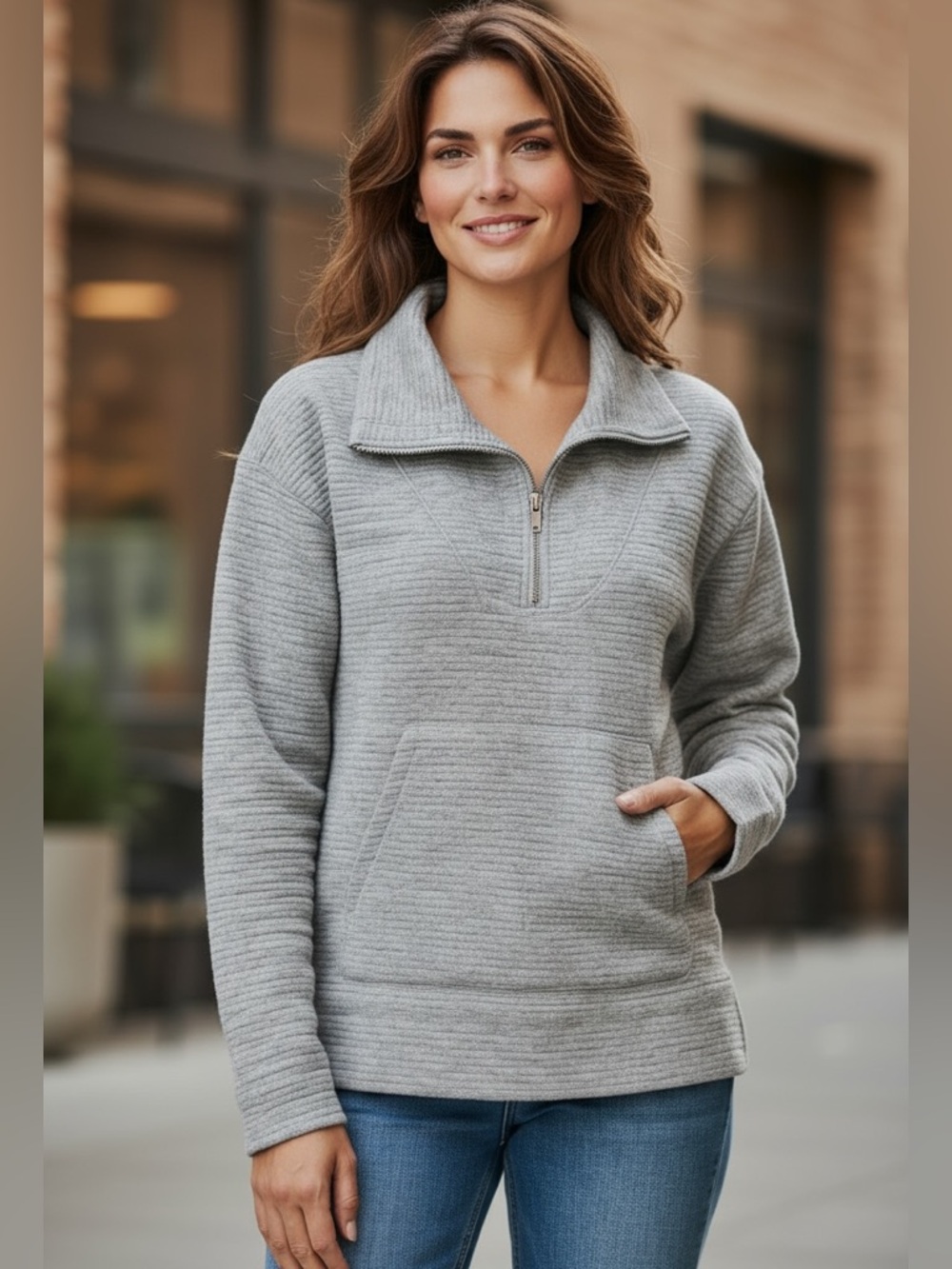 Kirkland Signature Ladies Ottoman Half Zip Sweatshirt Grey L NWT